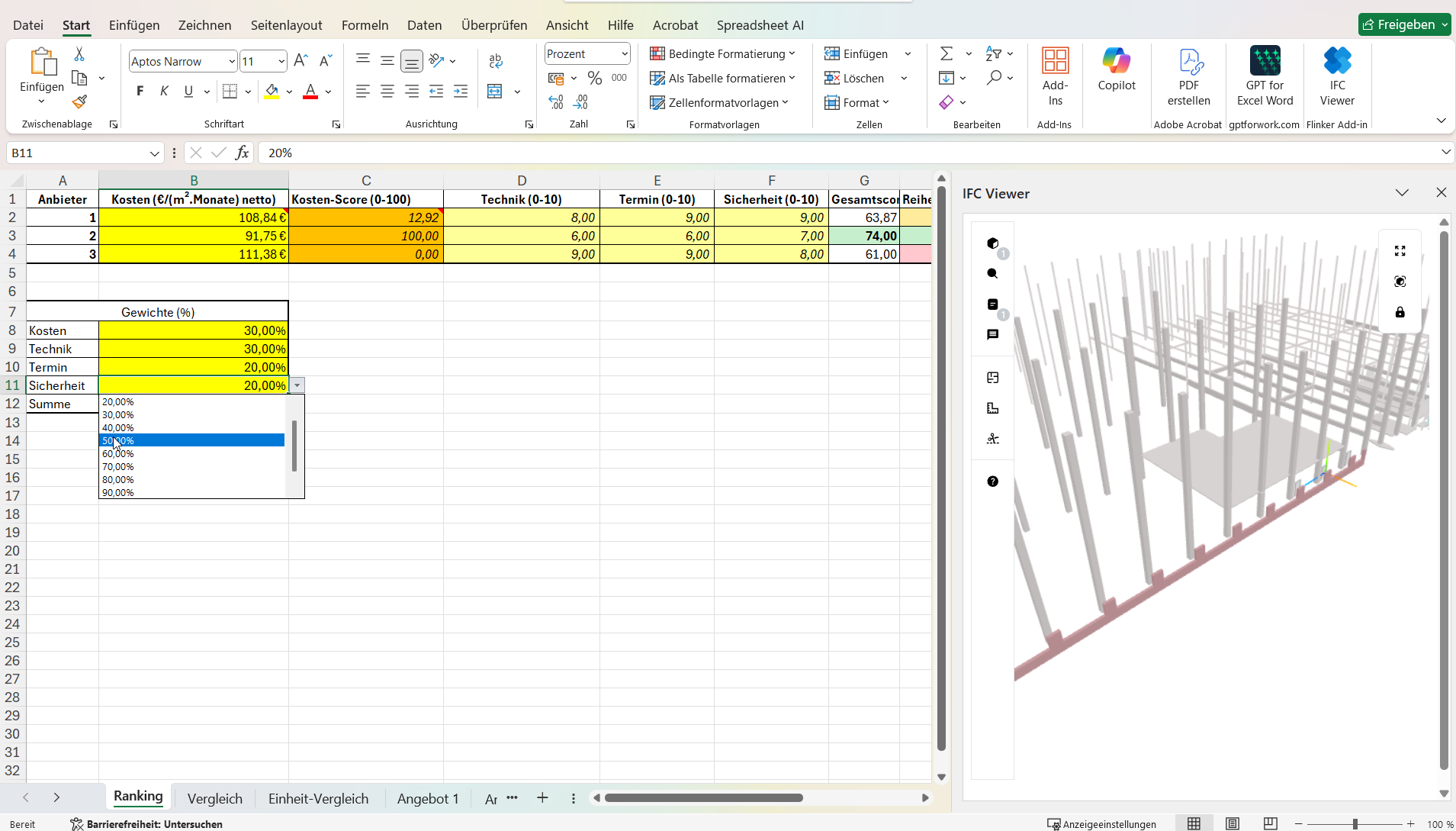 Segmented RC elements by floors and construction sections (sample IFC)