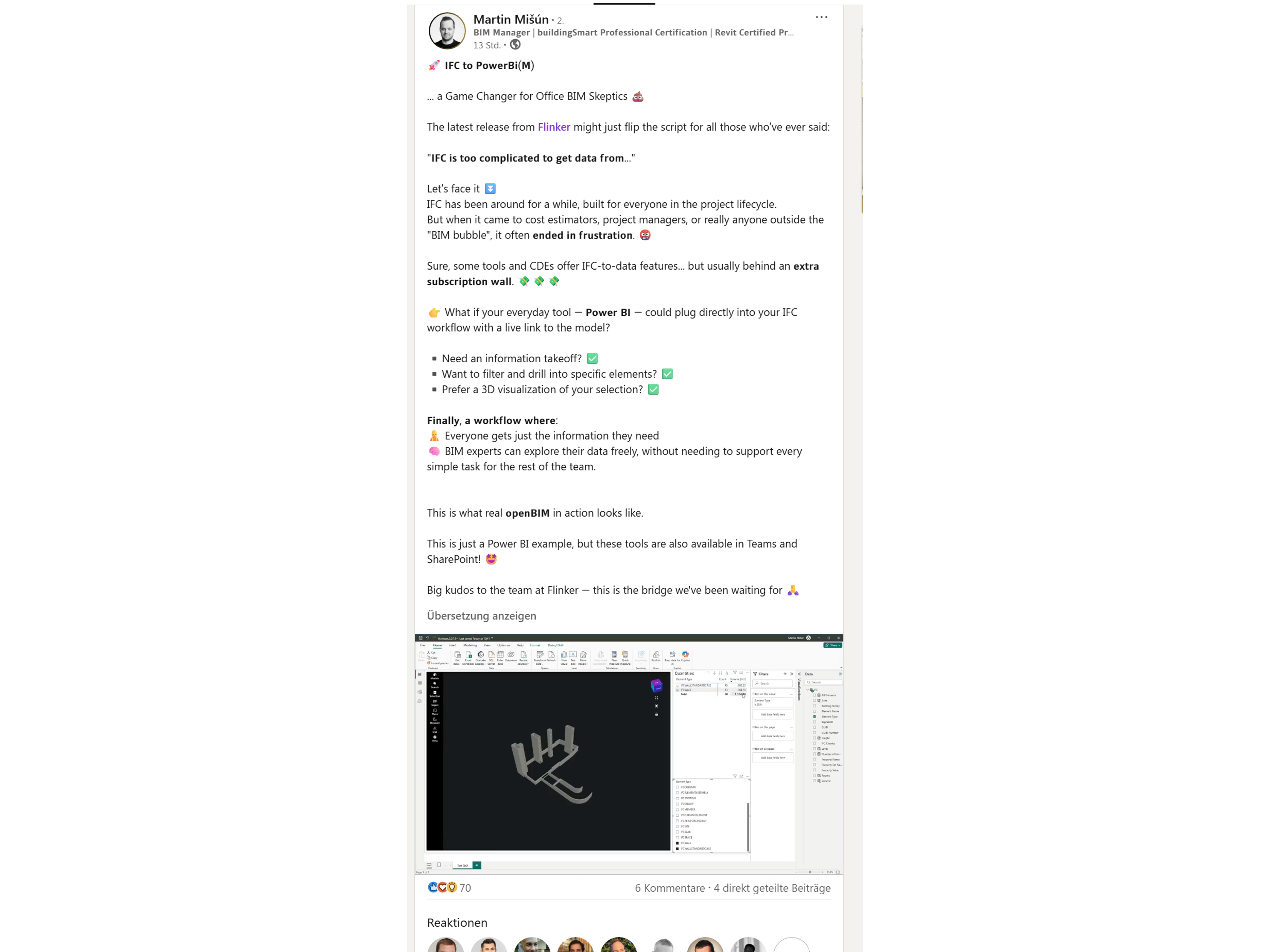 LinkedIn post about Flinker IFC Viewer (Alessandra M.)