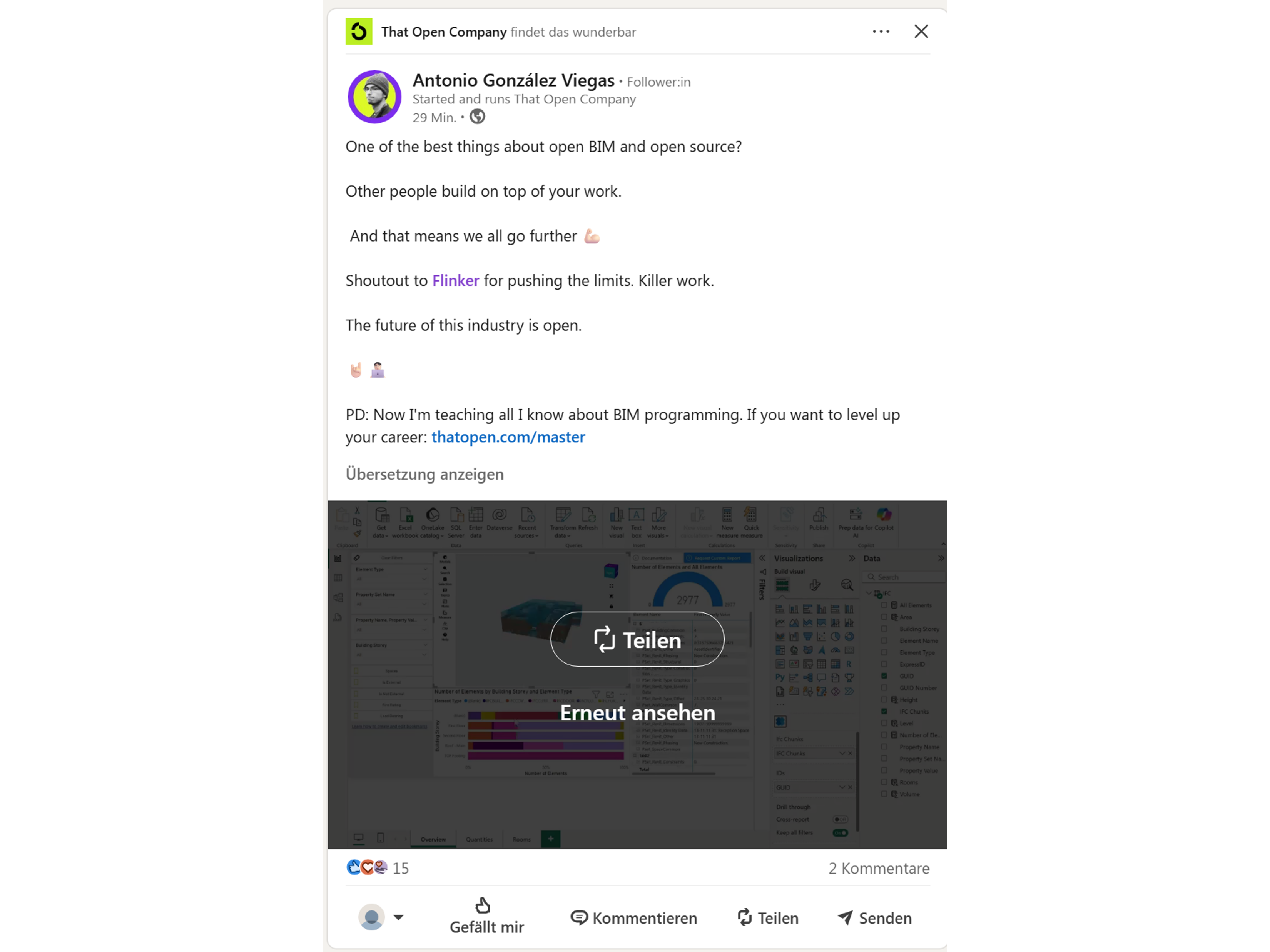 LinkedIn post about Flinker IFC to PowerBIM (Martin Mišún)