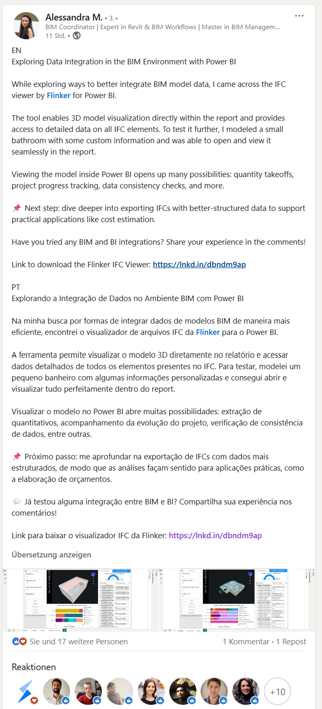 LinkedIn post praising Flinker and open BIM (Antonio G. Viegas)
