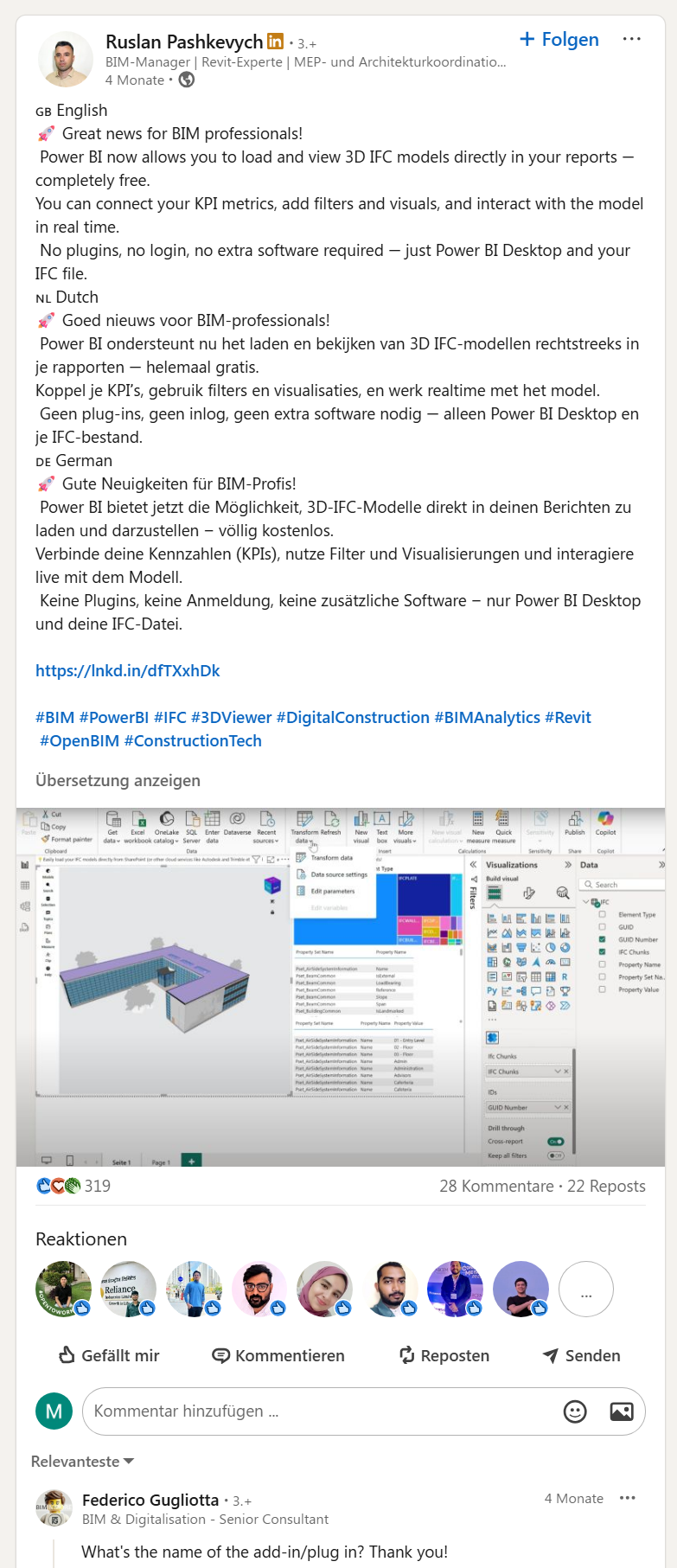 LinkedIn post about viewing 3D IFC models in Power BI without plugins (fanpost 7)
