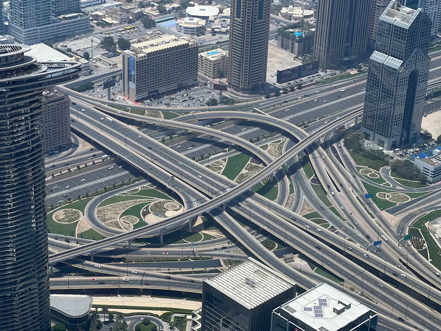 Aerial view of a multilevel urban transport interchange