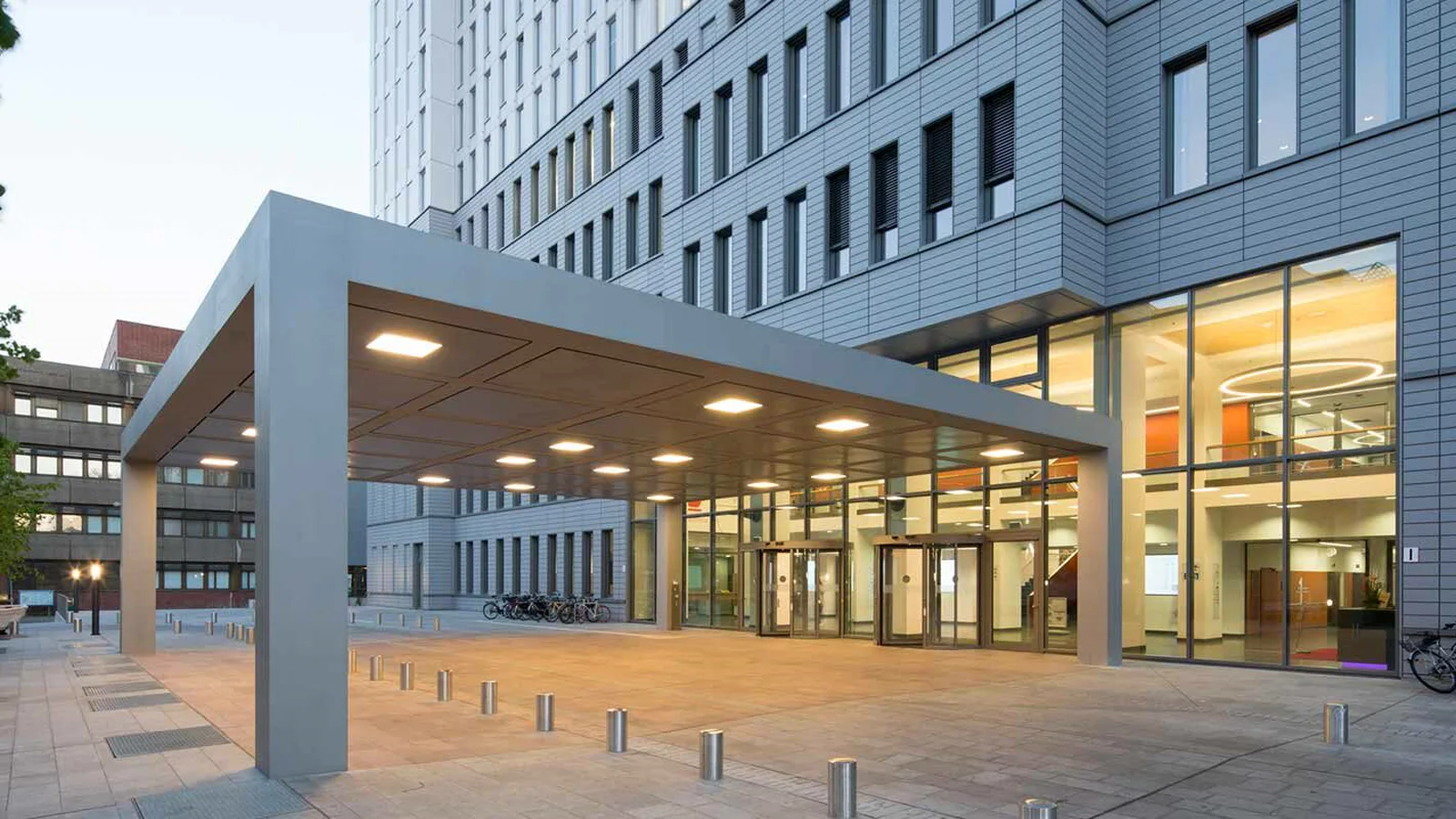 Modern entrance to Charité University Hospital in Berlin